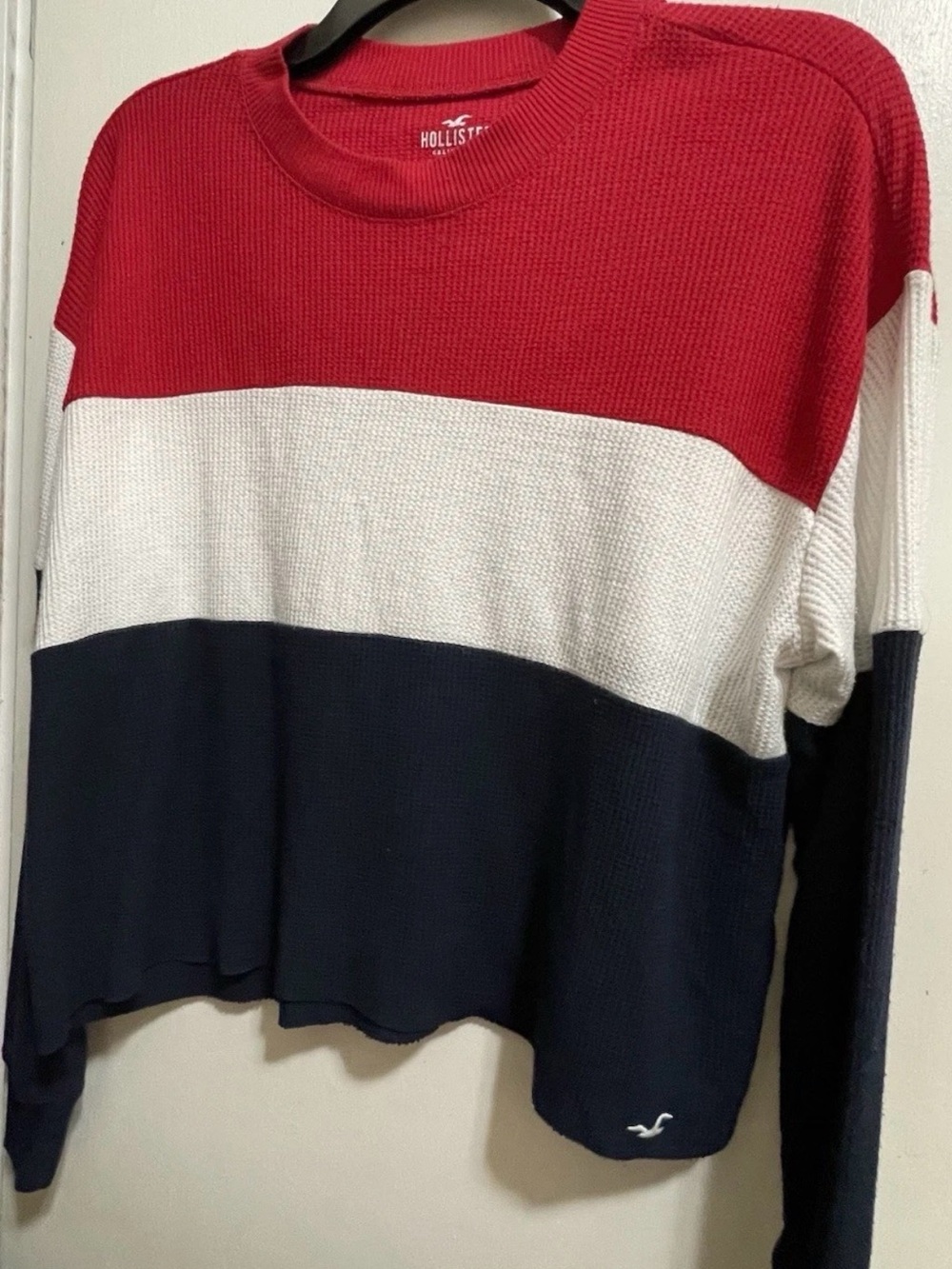 Hollister Boyfriend Tee Long Sleeve Thermal Crop Top Red, White, Blue Women's S
